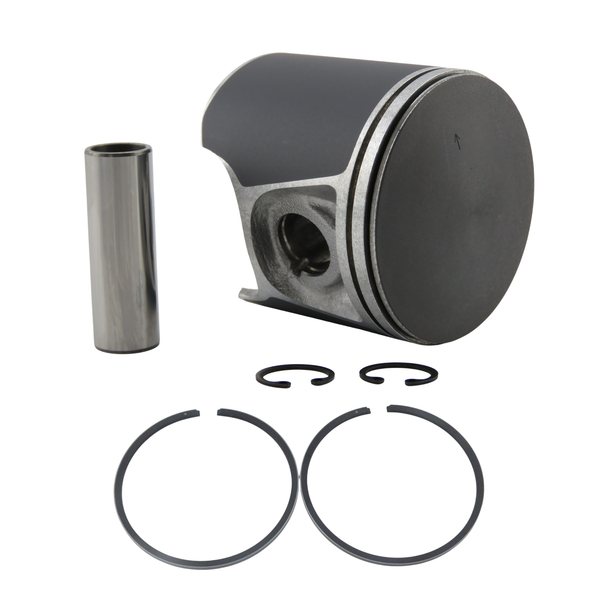 A piston kit including a coated piston, a silver wrist pin, two black piston rings and two circlips, displayed on a clean white background.