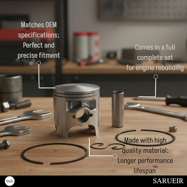 Full set complete piston kit on a table with its specifications stated