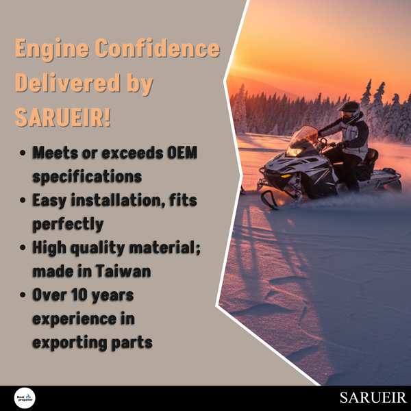 Promotional graphic for SARUEIR snowmobile engine parts, featuring a snowy mountain landscape at sunset with a snowmobile rider on the right and text on the left highlighting product features and experience.